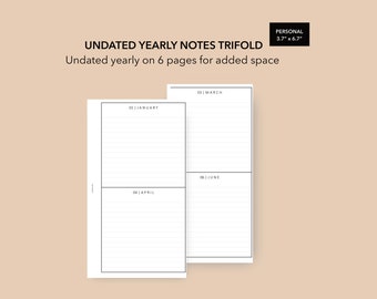 May include: A black and white printable undated yearly notes trifold planner with six pages. The planner is divided into six sections, each labeled with a month: January, March, April, June, July, and September. The planner is 3.7 inches by 6.7 inches.