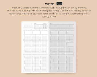 TN WO2P estándar con rastreadores, horarios y lista de tareas, inserto de planificador semanal para cuaderno de viajeros, inserto semanal vertical TN estándar