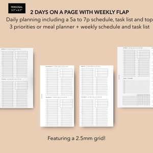 May include: A planner with a weekly flap, featuring a 2.5mm grid. The planner includes daily planning pages with a 5am to 7pm schedule, task list, and top 3 priorities. The planner is 9.4cm x 17cm.