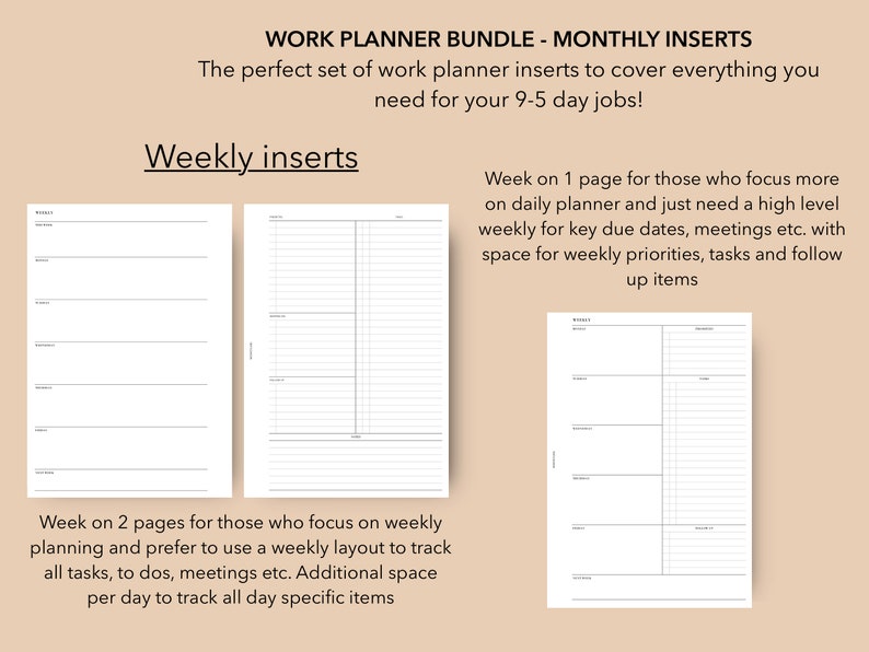 A5 Work Planner Inserts Bundle | Productivity Planner (digital Download ...