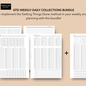 Op de afbeelding: Een printbare bundel met wekelijkse en dagelijkse plannerpagina's voor het implementeren van de Getting Things Done-methode. De pagina's zijn ontworpen voor een persoonlijke brede planner, met een afmeting van 12 cm bij 17 cm.