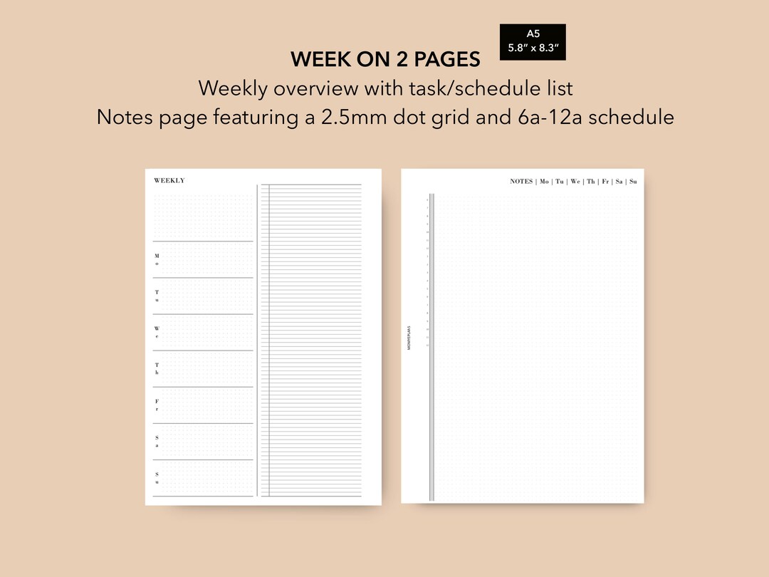 A5 Weekly Planner Insert, Printable Undated Dot Grid Weekly Agenda PDF ...