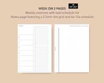 A5 Weekly Planner Insert, Printable Undated Dot Grid Weekly Agenda PDF, Filofax A5 Weekly Overview Planner, LV GM Agenda Refill, A5 WO2P