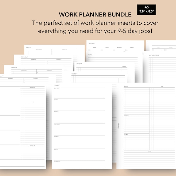 A5 Work Planner Bundle | Work Planner Inserts, Filofax A5 Planner Inserts, Louis Vuitton GM Agenda Inserts
