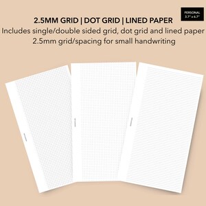 Personal Basic Pages Inserts 2.5MM Spacing / Grid, Square Grid, Dot Grid, Lined Paper, Printable Planner Pages, Filofax Personal Refill