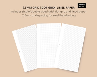 May include: Three sheets of paper, each with a different grid pattern: a 2.5 mm grid, a dot grid, and a lined grid. The sheets are all white and measure 3.7 inches by 6.7 inches. The text "2.5MM GRID | DOT GRID | LINED PAPER" is at the top of the image. The text "Includes single/double sided grid, dot grid and lined paper" is below the first line of text. The text "2.5mm grid/spacing for small handwriting" is below the second line of text.
