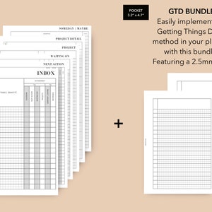 May include: A printable planner bundle for the Getting Things Done (GTD) method. The bundle includes a set of 8.5 x 11 inch pages with a 2.5 mm grid, perfect for organizing tasks, projects, and next actions. The bundle also includes a pocket-sized planner with a 3.2 x 4.7 inch grid.