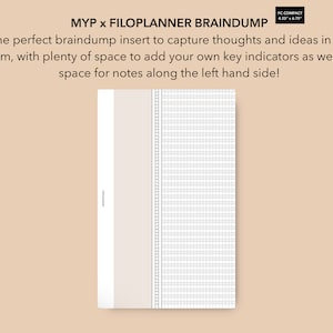 Könnte beinhalten: Ein weißer Braindump-Einsatz mit einem Rastermuster auf der rechten Seite und einem leeren Bereich auf der linken Seite. Der Einsatz ist mit "MYP x FILOPLANNER BRAINDUMP" und "FC COMPACT 4.25" x 6.75" beschriftet.