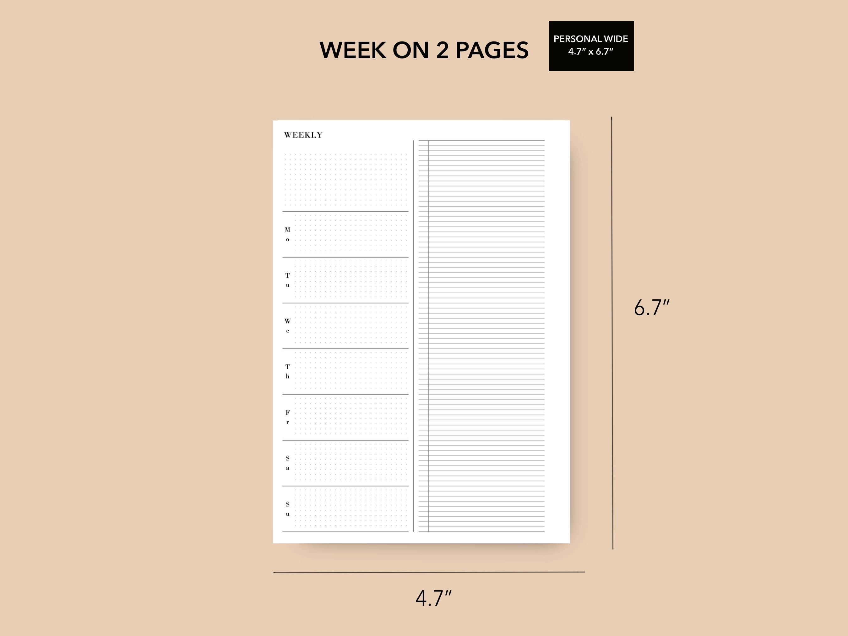 Personal Wide Weekly Planner Insert, Printable Undated Dot Grid Weekly ...