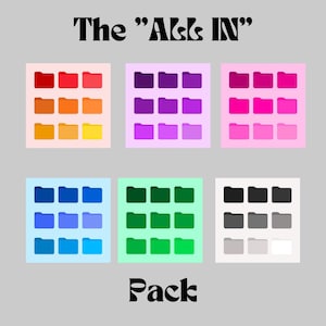 Könnte beinhalten: Das "All In" Pack, ein Set mit 6 bunten Ordner-Icons mit 15 verschiedenen Farbvarianten. Jedes Icon hat ein 3x5 Raster von Ordnern in einem Farbverlauf, darunter Rot, Orange, Gelb, Lila, Pink, Blau, Grün, Schwarz und Grau.