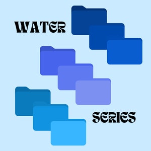 Może przedstawiać: Grafika z tekstem "WATER SERIES" w czarnym, stylizowanym foncie. Projekt zawiera serię niebieskich i fioletowych ikon folderów ułożonych w kaskadzie.