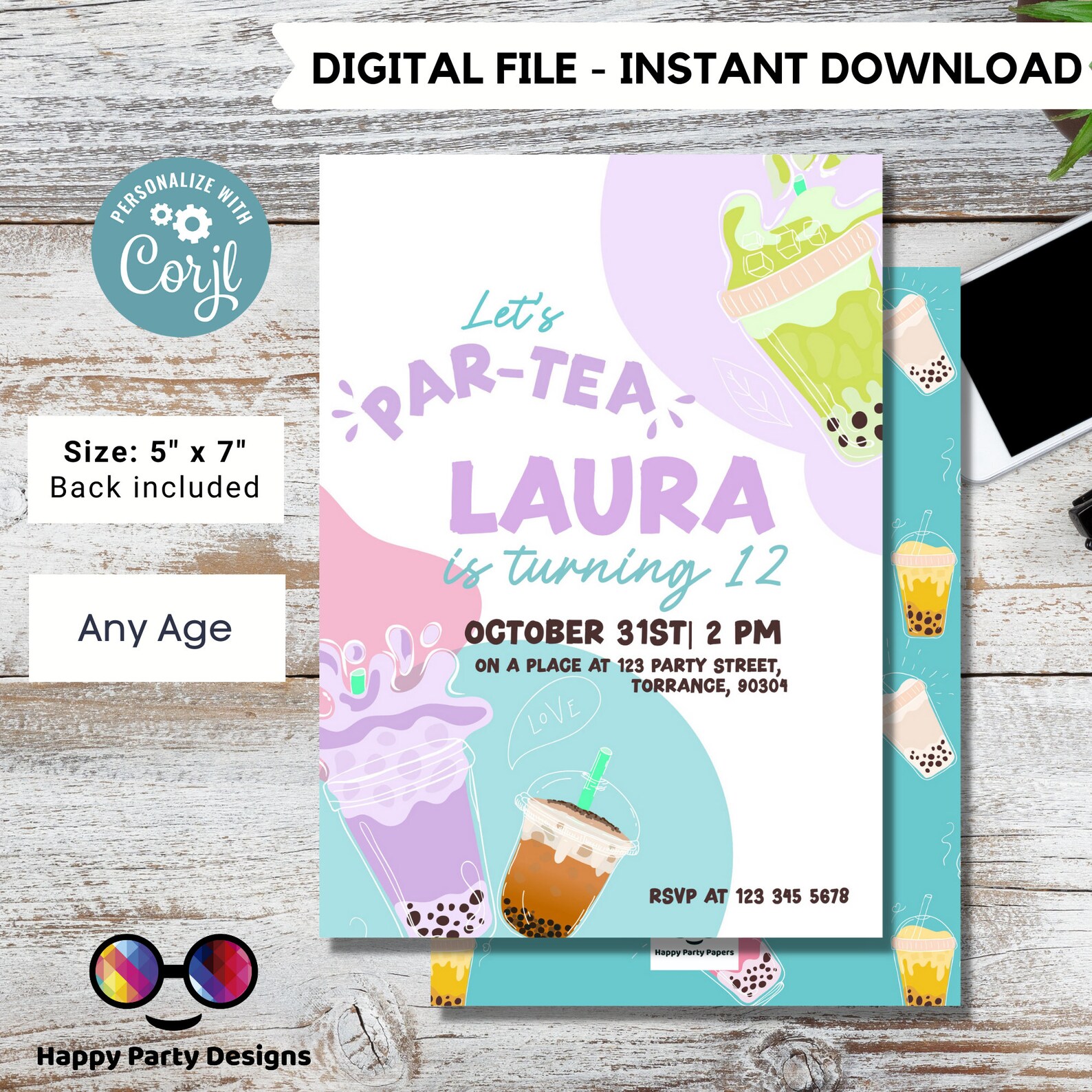 Tea Party Birthday Invitation Tea Invite Boba Tea Party Etsy