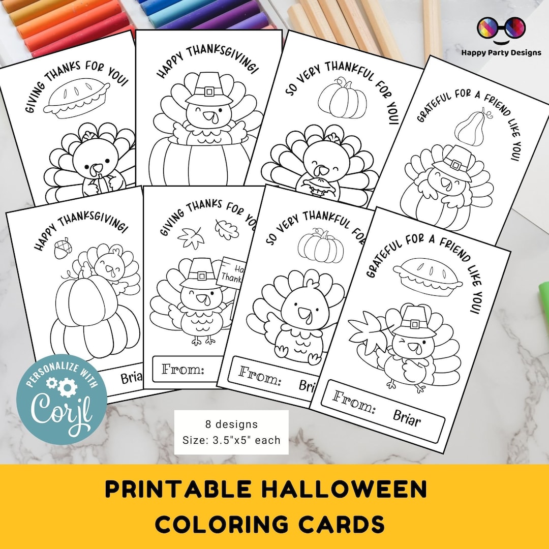EDITABLE Thanksgiving Printable Coloring Cards Editable Set of