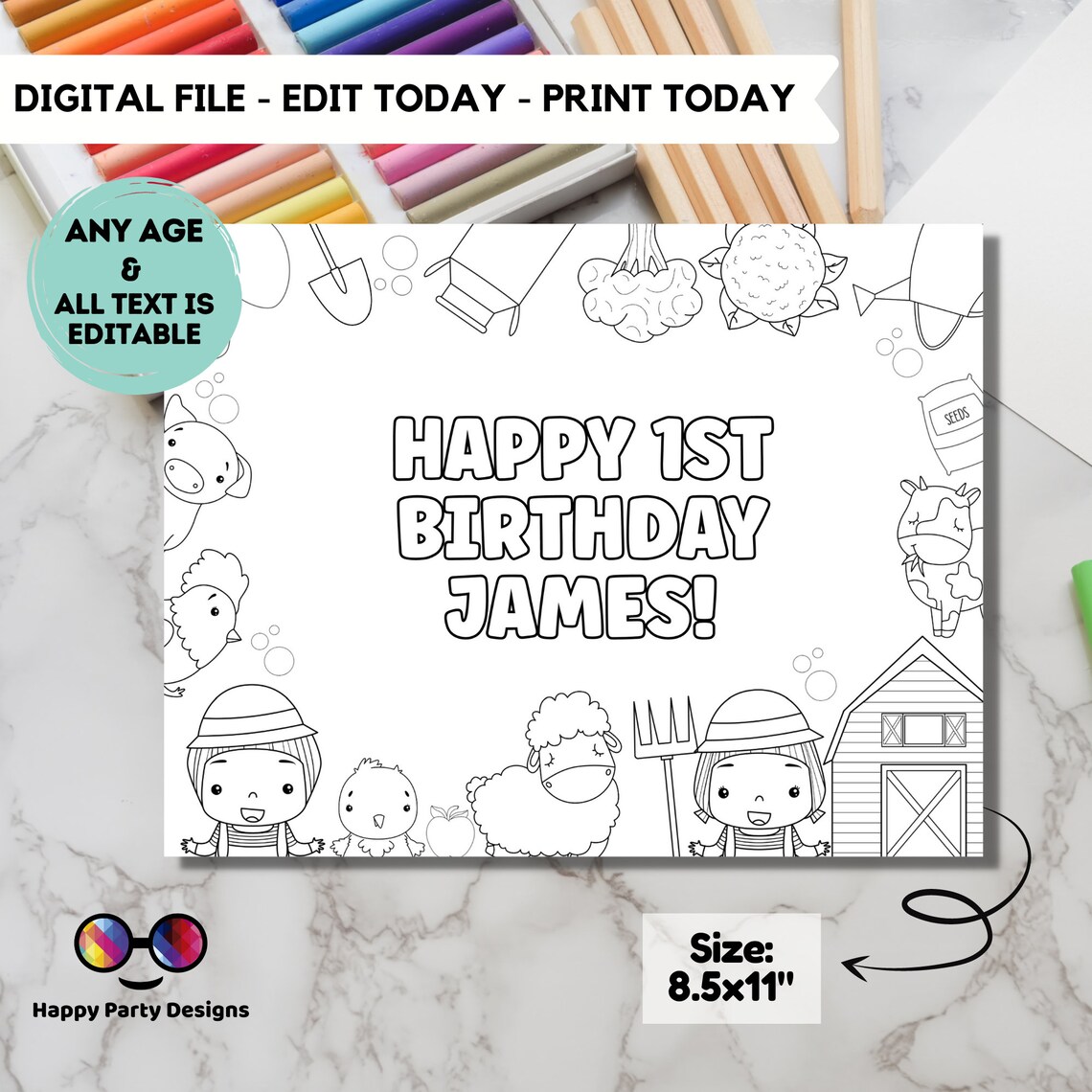 Editable Farm animals coloring page Farm birthday coloring | Etsy
