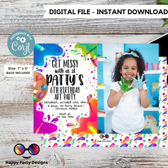 Editable Art Birthday Party Invitation With Photo Girl Etsy