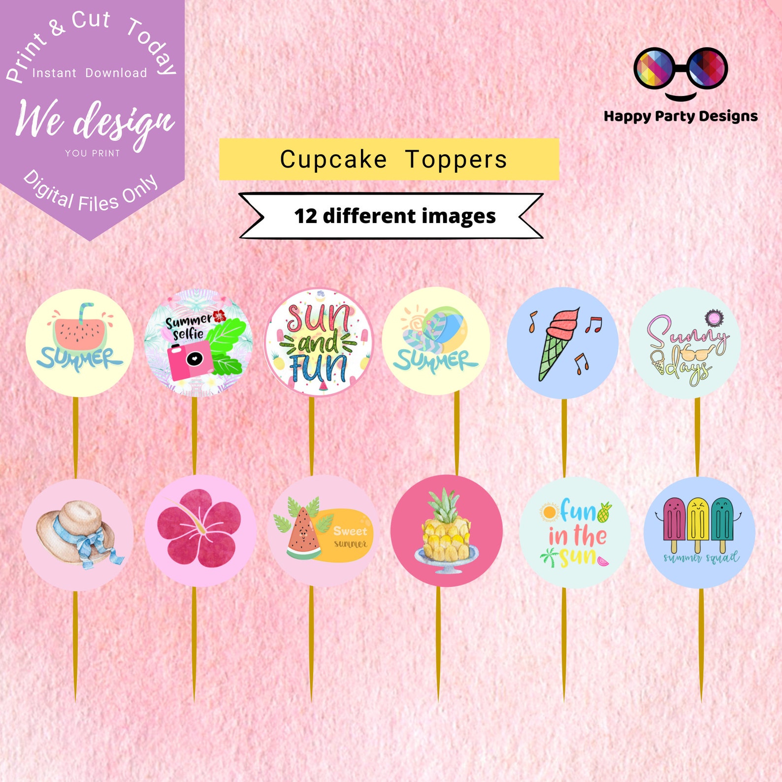 Summer Cupcake Toppers Tropical Pink Cupcake Toppers Kids Etsy