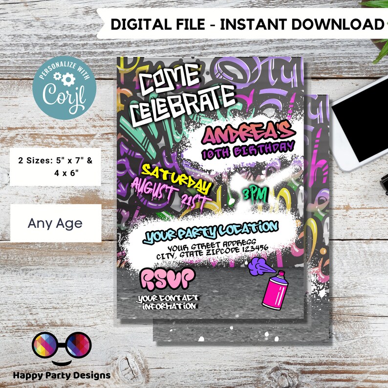 Editable Graffiti Invitation Digital Graffiti Printable Etsy