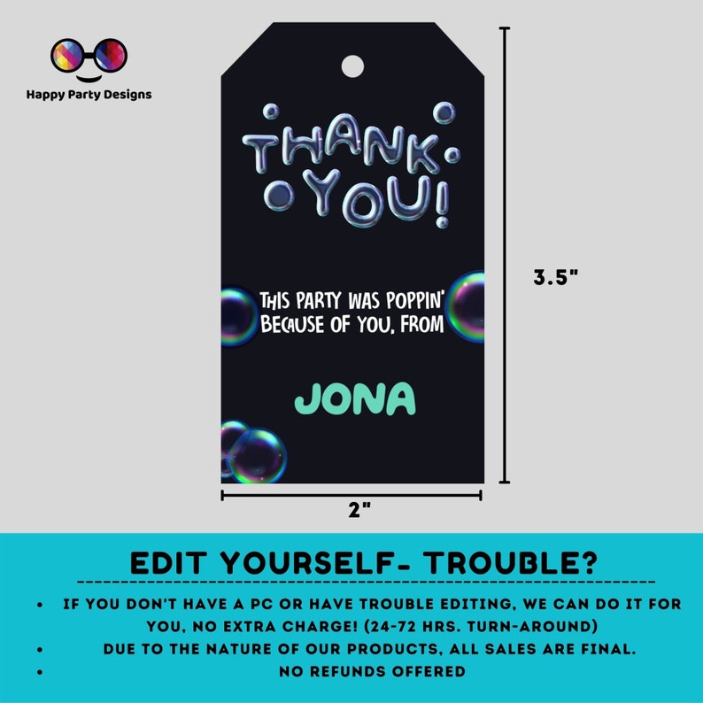 Editable Bubbles Birthday Thank You Gift Tags Bubbles Party Etsy