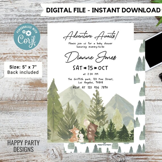 Editable Woodland Baby Shower Invitation Adventure Awaits Etsy