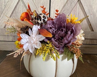 Faux floral pumpkin arrangement | thanksgiving centerpiece | fall arrangement | floral arrangement | 9in wide round pumpkin