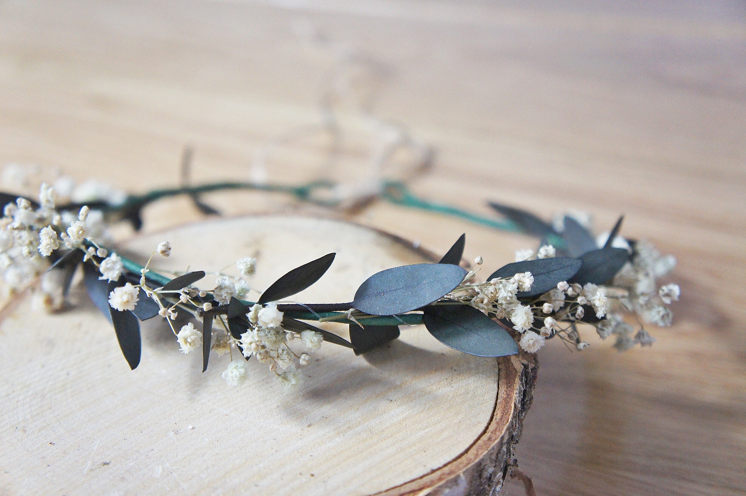 Eucalyptus with white gypsophila crown, Wedding crown, Flower girl dr…