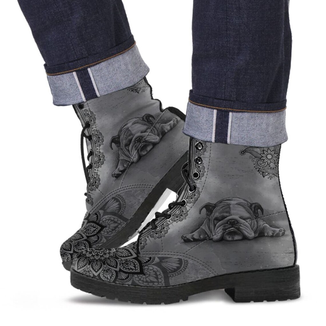 English Bulldog Sketch Leather Boots Budgetfriendly Etsy