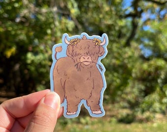 Adhesivo de vaca escocesa con corona de flores / Troquelado mate resistente al agua