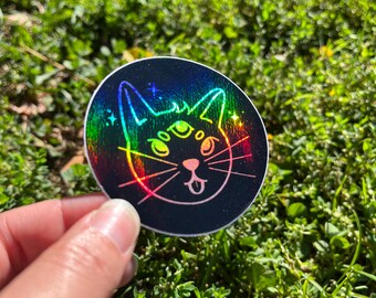 Pegatina holográfica de gato mágico / Gatito arcoíris troquelado resistente al agua
