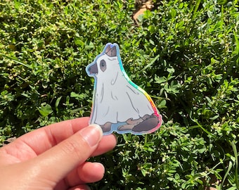 Pegatina holográfica de perro con disfraz de fantasma / Resistente al agua / Troquelada para Halloween