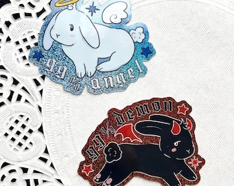 Pegatina holográfica brillante Y2K de Angel & Demon Bunny, resistente al agua