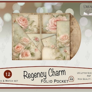 Roses Regency Charm Junk Journal Folio Printable, Materiały do druku staroświeckie różowe róże kremowo zielone tło, 12 części Folio, JJ-116