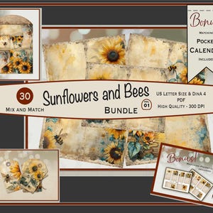 Sunflowers and Bees Journal Bundle, Summer Printable Kit, Honey Bee Sunflowers Digital Kit, Beekeeper's Joy, 30 Printable Ephemera, JJ-119