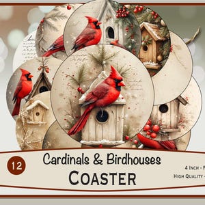 Op de afbeelding: Ronde onderzetters met illustraties van rode kardinalen en vogelhuisjes, tegen een besneeuwde, vintage achtergrond. De onderzetters zijn ongeveer 10 cm in diameter. Tekst op de afbeelding luidt "Cardinals & Birdhouses COASTER" en "4 INCH - PNG".