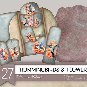 Kolibri Junk Journal Kit - Vintage Blumen Ephemera mit Shabby Chic Umschlägen, Tags & Taschen - druckbare antike Vogel Collage Sheets