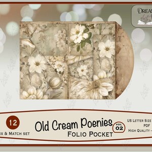 Old Cream Peonies Junk Journal Folio do druku, tła w stylu shabby chick flower, 12 części Folio, tom 02, JJ-109