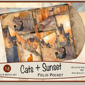 May include: A set of 12 digital papers featuring cats and sunset scenes. The papers are designed for use in a folio pocket and are high quality, 300 DPI. The papers are in US Letter and DIN A4 sizes.