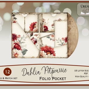 Dahlia Potpourrie Junk Journal Folio Printable, Serenity Dahlia, Czerwone Kremowe Kwiaty, Folio 12 Części, JJ-103
