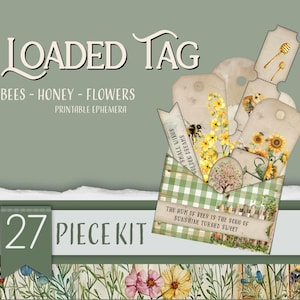 Loaded Tag Printable, Bumble Bee Honey Flowers, Yellow Green Junk Journal Folio add on, Ephemera Paper Craft,Collage Sheet 11 x 8.5