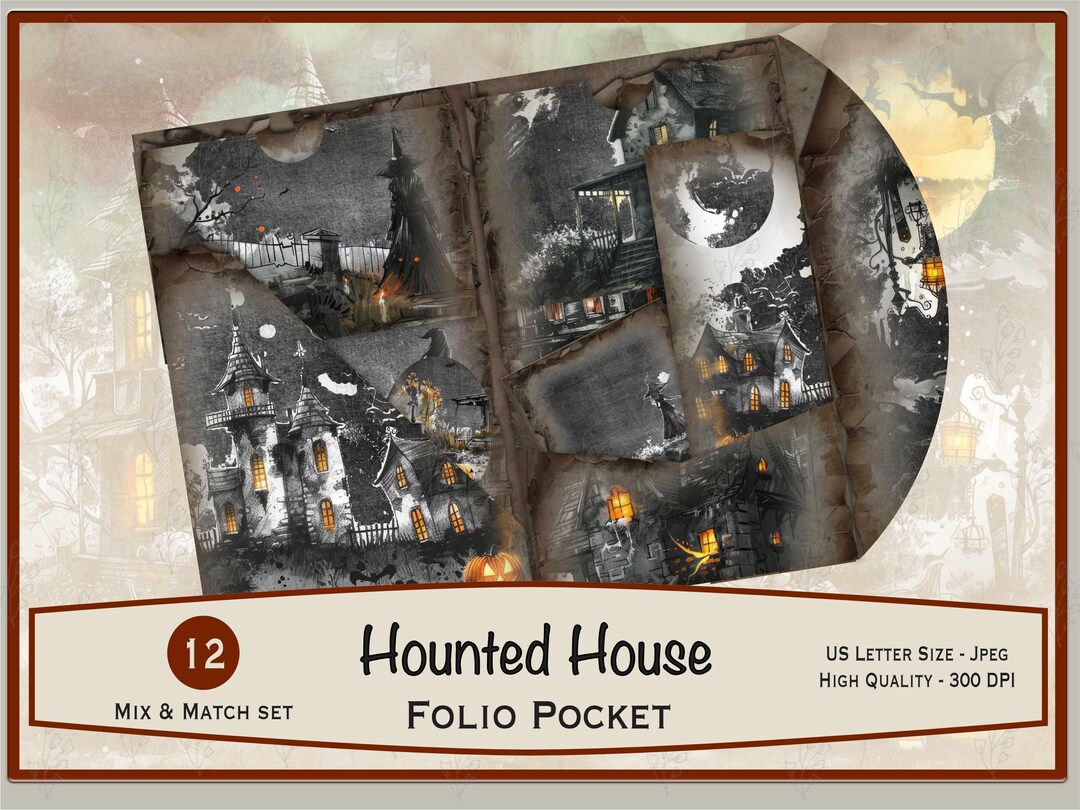 Haunted House Folio Pocket, Halloween Junk Journal Pages, Vintage ...