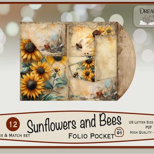 Sunflowers and Bees Junk Journal Folio, Summer Printable Kit, Watercolor Digital Paper, Vintage Sunflower and Bee Kit, 12 Part Folio, JJ-119