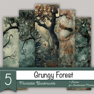 Puede incluir: Conjunto de cinco marcapáginas imprimibles con un diseño de bosque grunge. Cada marcapáginas muestra una sección diferente de una escena de bosque con árboles y follaje en tonos verdes, marrones y grises apagados. El texto "Grungy Forest" y "Printable Bookmarks" están incluidos.