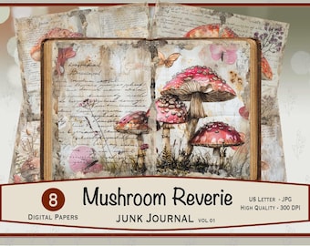 Mushroom Reverie Junk Journal Pages, Whimsical Mushroom Scrapbooking Papers, Vintage Fairytale Woodland Nature Printable,  JJ-158