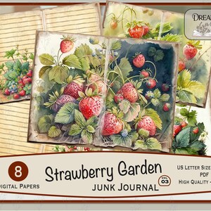 Strawberry Garden Junk Journal Paper, Illustrations fraises et papier ligné de style vintage Vol. 3, 8 pages de journal numérique, JJ-114