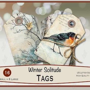 May include: Set of 16 winter-themed gift tags. The tags feature watercolor illustrations of bare winter branches and a bird with a red breast. The tags are tied together with twine. The text "Winter Solitude TAGS" is displayed.