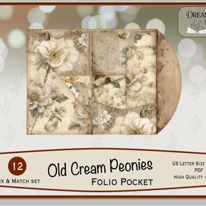 Old Cream Peonies Junk Journal Folio do druku, tła w kwiaty Shabby Chick, 12 części Folio, JJ-108