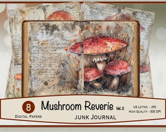 May include: Digital papers for junk journals featuring watercolor illustrations of red mushrooms with white spots. The open book displays the title "Mushroom Reverie Vol 2" and the text "Digital Papers" and "Junk Journal".