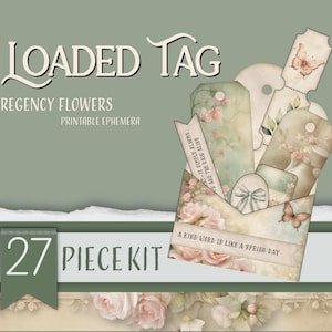 Loaded tag afdrukbaar, Regency Charm Flowers Junk Journal Folio, Pink Roses Butterflies, Ephemera Paper Craft, collagevel 11 x 8,5