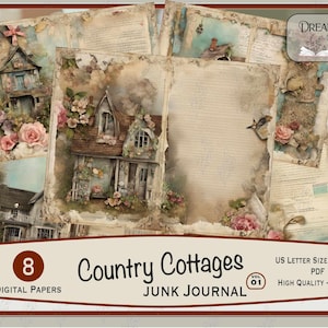 Country Cottages Junk Journal Paper, Vintage House Junk Journal , 8 Digital Journal Pages, Vol 01, JJ-117