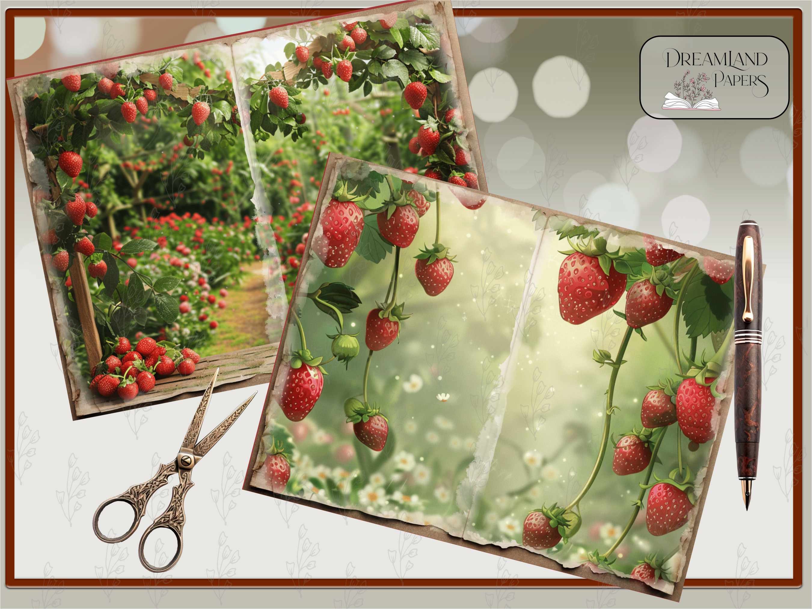 Strawberry Garden Junk Journal Paper, Strawberry Garden Vol