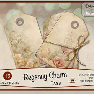 Etiquetas para diario basura Regency Charm Vol 01, diseño floral vintage con un toque de la era Regency, 8 etiquetas imprimibles, JJ-115